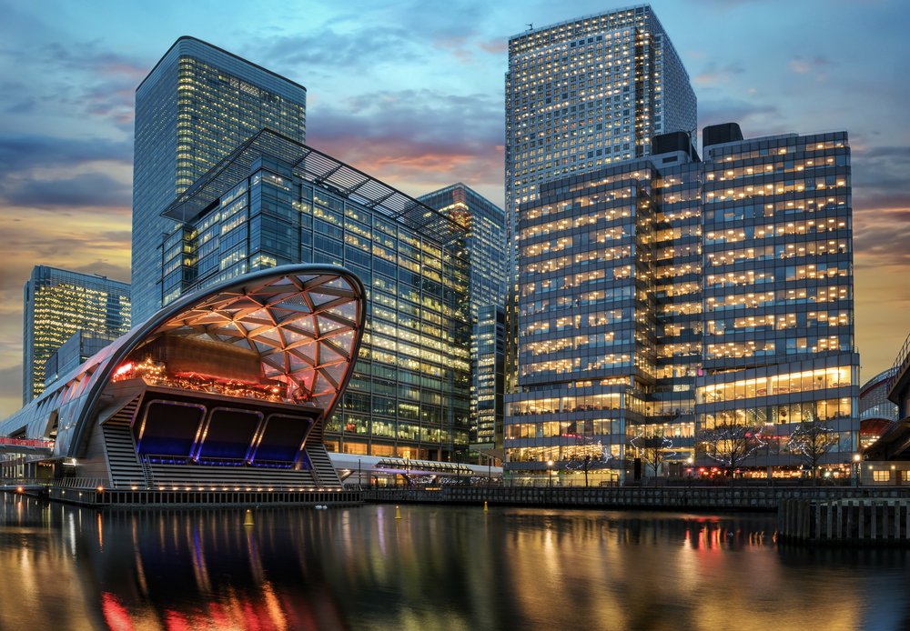 Canary Wharf at dusk reflected on the Thames