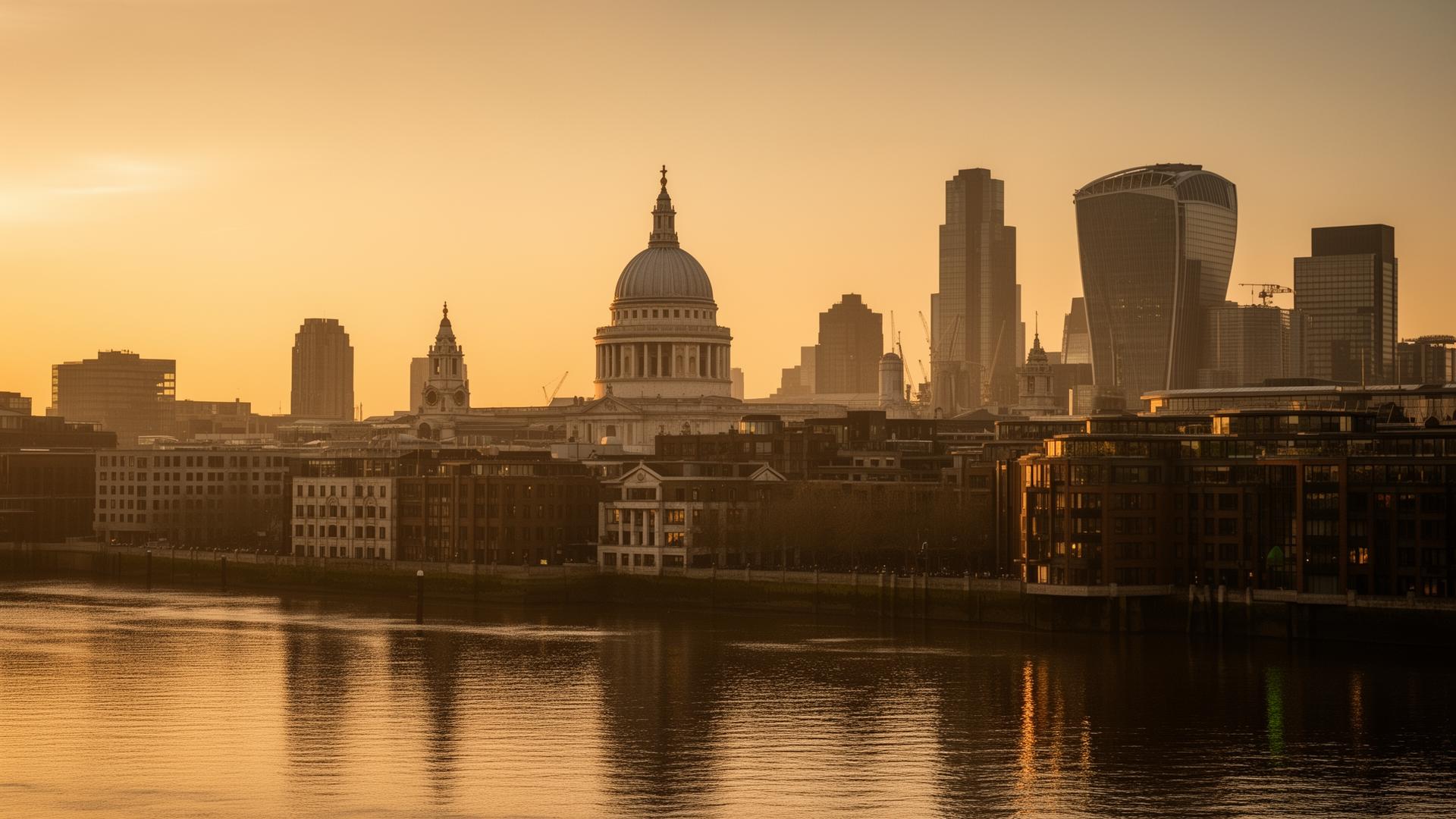 City of London skyline at golden hour with St Paul's Cathedral and the Thames